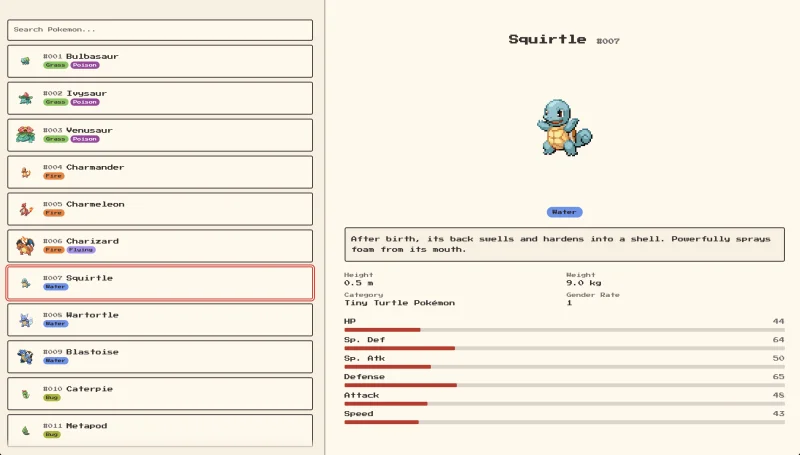 Pokedex app showing the Pokemon list and detail panel