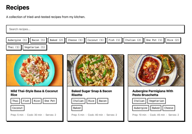 The recipes section of akli.dev showing a grid of recipe cards